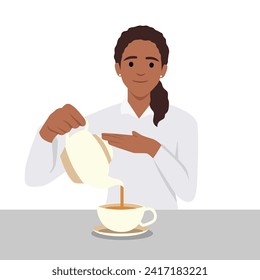 Young woman pouring tea in cup from kettle. Smiling guy enjoy warm coffee. Flat vector illustration isolated on white background
