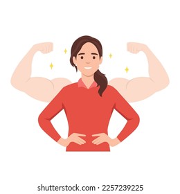 Young woman power  female self confidence  high esteem concept  Brave confident smiling woman standing showing biceps shadows facing fears like powerful hero  Flat vector illustration isolated