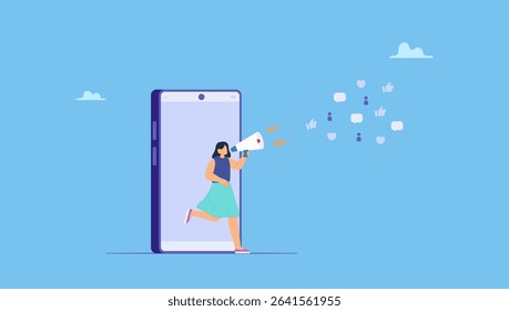 Young woman PR speak on megaphone on social media. PR, public relation or marketing communication, advertising campaign or social media marketing, online promotion or email newsletter.