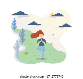 Young woman practice basic yoga, beginner. Outdoor exercise in wind blows, cloudy and sunny. Mental healthy design by vector.