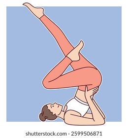 Young woman practices an advanced yoga pose, balancing in a shoulder stand with one leg bent over her body. She demonstrates flexibility, core strength, and body control in a deep stretch