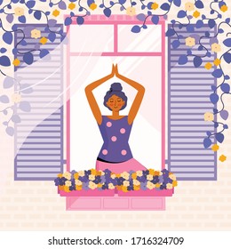 Young woman practices meditation and yoga at home. The person in the window is engaged in sports. Spending time at home. Leisure in quarantine. Facade of the house with a window and flowers In vector