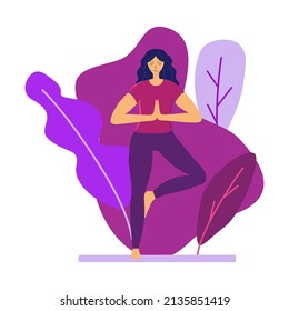 Young woman practices relaxing joga vector flat illustration. Trendy clipart with woman doing morning excercises. Tree pose joga.