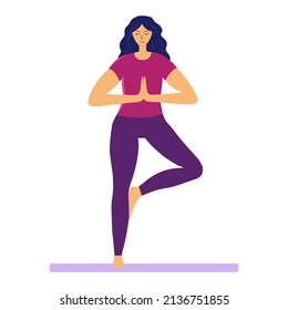 Young woman practices relaxing yoga vector flat illustration. Trandy clipart with woman doing morning excercises. Tree pose yoga.