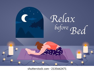 Young woman practices yoga for better sleep before bed. Vector illustration in flat cartoon style.	