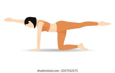 Young woman practices yoga. Bundle of female cartoon character demonstrating various yoga position