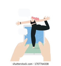 A young woman practices yoga and fitness on an online lesson on her mobile device or tablet  at home during isolation. Online fitness illustration in flat style. Hands holding a mobile device 