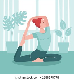 Young woman practices yoga at home. The concept of prevention of coronavirus, isolation and quarantine. Prevention of an epidemic. Stay home and do sports. Flat vector illustration.