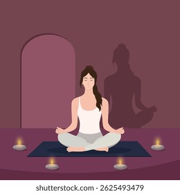 Uma jovem pratica meditação de ioga em uma sala serena, mal iluminada, rodeada de velas.