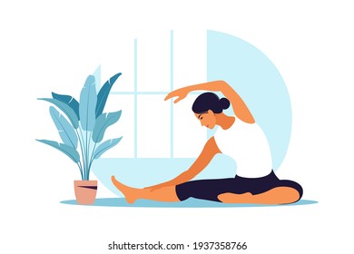 Young woman practices yoga. Physical and spiritual practice. Vector illustration in flat cartoon style. - Shutterstock ID 1937358766