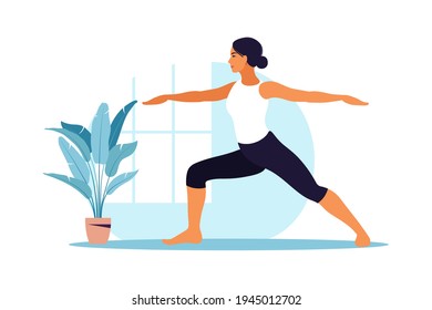 Young woman practices yoga. Physical and spiritual practice. Vector illustration in flat cartoon style.