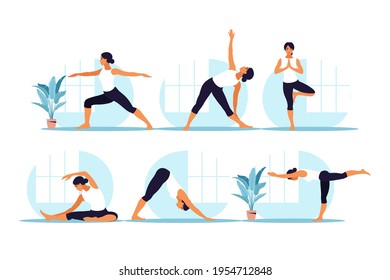 Young woman practices yoga. Physical and spiritual practice. Set. Vector illustration in flat cartoon style.