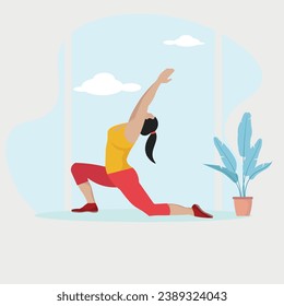 Young woman practices yoga. Physical and spiritual practice. Vector illustration in flat cartoon style.