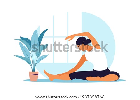 Young woman practices yoga. Physical and spiritual practice. Vector illustration in flat cartoon style.