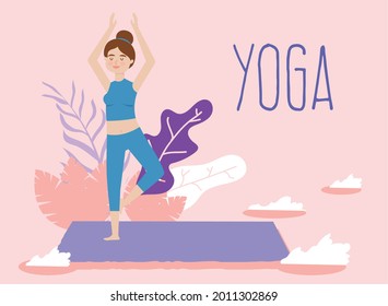 young woman practices yoga, tree posture