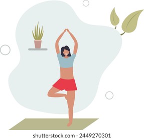 young woman practices yoga.standing on one leg.cozy home atmosphere.flat vector illustration.