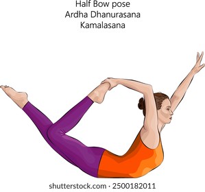 Young woman practicing Ardha Dhanurasana or Kamalasana yoga pose. Half Bow pose. Intermediate Difficulty. Isolated vector illustration.