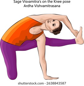 Young woman practicing Ardha Vishvamitrasana yoga pose. Sage Visvamitra on the Knee yoga pose. Intermediate Difficulty. Isolated vector illustration.