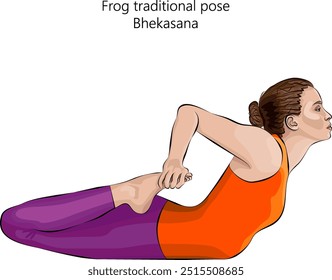 Young woman practicing Bhekasana yoga pose. Frog tradidion pose. Intermediate Difficulty. Isolated vector illustration.