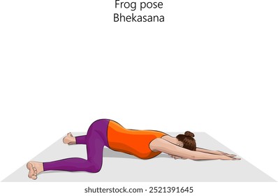 Young woman practicing Bhekasana yoga pose. Frog pose. Intermediate Difficulty. Isolated vector illustration.