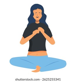 Young woman is practicing deep breathing exercises, promoting relaxation and stress reduction