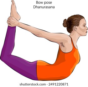 Young woman practicing Dhanurasana yoga pose. Bow pose. Intermediate Difficulty. Isolated vector illustration.