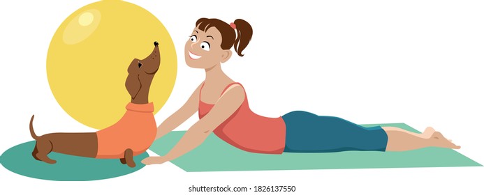 Young woman practicing doga yoga exercise with her dachshund dog, EPS 8 vector illustration