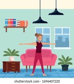 young woman practicing exercise in the house scene vector illustration design