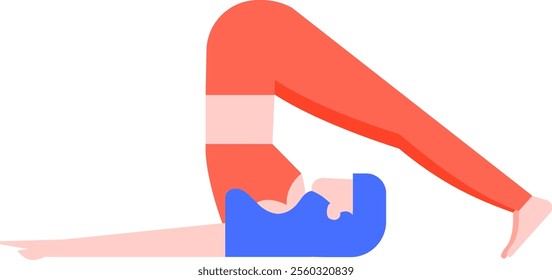 Young woman practicing halasana, or plow pose, a yoga asana, promoting relaxation and flexibility, illustrated with a minimalist flat design