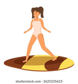 Young woman practicing her surfing balance on a surfboard shaped carpet