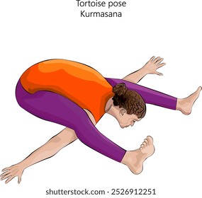 Young woman practicing Kurmasana yoga pose. Tortoise pose. Intermediate Difficulty. Isolated vector illustration.