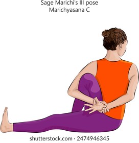 Young woman practicing Marichyasana C yoga pose. Sage Marichi III pose. Intermediate Difficulty. Isolated vector illustration.