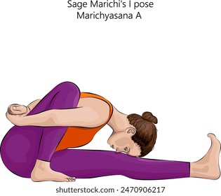 Young woman practicing Marichyasana A yoga pose. Sage Marichi I pose. Intermediate Difficulty. Isolated vector illustration.