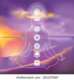 Young woman practicing meditation in a lotus posture with seven chakras vector illustration