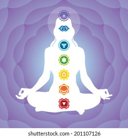 Young woman practicing meditation in a lotus posture with seven chakras vector illustration