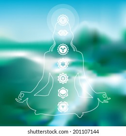 Young woman practicing meditation in a lotus posture with seven chakras vector illustration