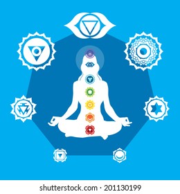 Young woman practicing meditation in a lotus posture with seven chakras vector illustration