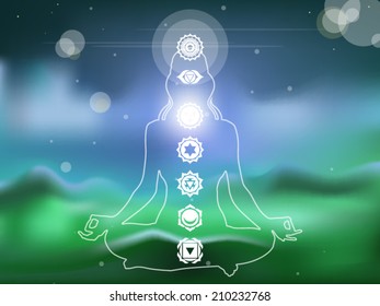 Young woman practicing meditation in a lotus posture with seven chakras with blurred background vector illustration