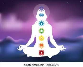 Young woman practicing meditation in a lotus posture with seven chakras with blurred background vector illustration