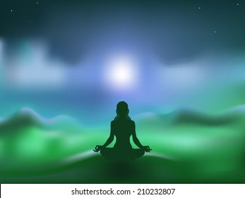 Young woman practicing meditation in a lotus posture with blurred mountain background vector illustration