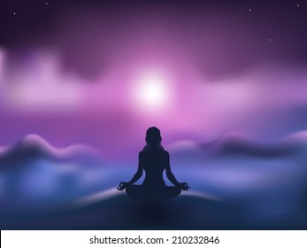Young woman practicing meditation in a lotus posture with blurred mountain background vector illustration