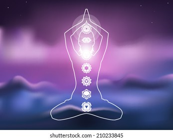 Young woman practicing meditation in a lotus posture with seven chakras with blurred background vector illustration