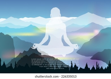 Young woman practicing meditation in a lotus posture with mountain landscape background vector illustration