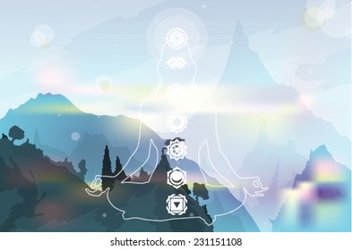 Young woman practicing meditation in a lotus posture with seven chakras with mountain landscape background vector illustration