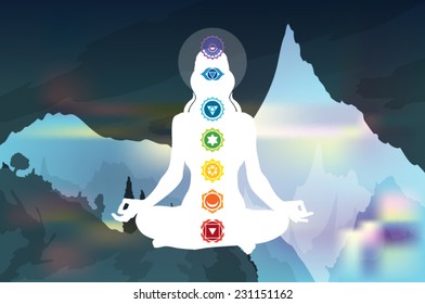 Young woman practicing meditation in a lotus posture with seven chakras with mountain landscape background vector illustration