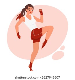 Young woman practicing Muay Thai knee strike. Female fighter in sports outfit performing martial arts move. Flat vector illustration of active lifestyle, fitness, and self-defense