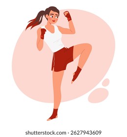 Young woman practicing Muay Thai knee strike. Female fighter in sports outfit performing martial arts move. Flat vector illustration of martial arts, fitness, and active lifestyle