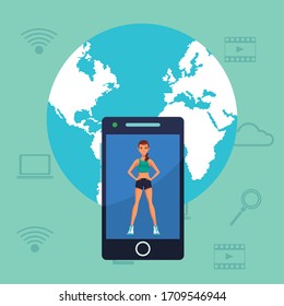 young woman practicing online exercise for quarantine vector illustration design