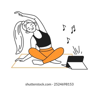 Mujer joven practicando yoga en línea en la estera usando el ícono del Vector de la línea de color de la tableta. Lady disfruta del entrenamiento escuchando música ilustración de personajes