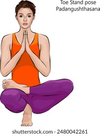 Young woman practicing Padangushthasana yoga pose. Toe Stand pose or Tip Toe pose. Intermediate Difficulty. Isolated vector illustration.